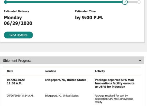 Package Departed UPS Mail Innovations Facility en Route to USPS for Induction