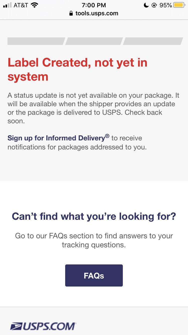 Label Created, Not Yet in System USPS