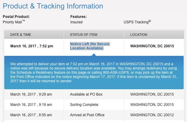 USPS Notice Left (No Secure Location Available)